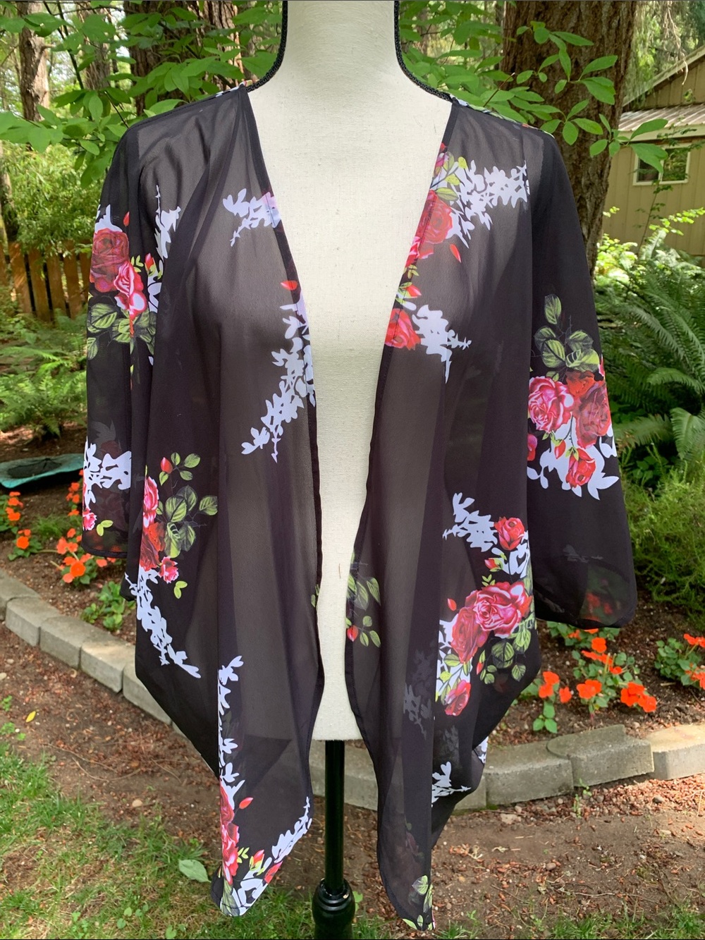 Sheer Black Floral Kimono Cover-Up - Unbranded